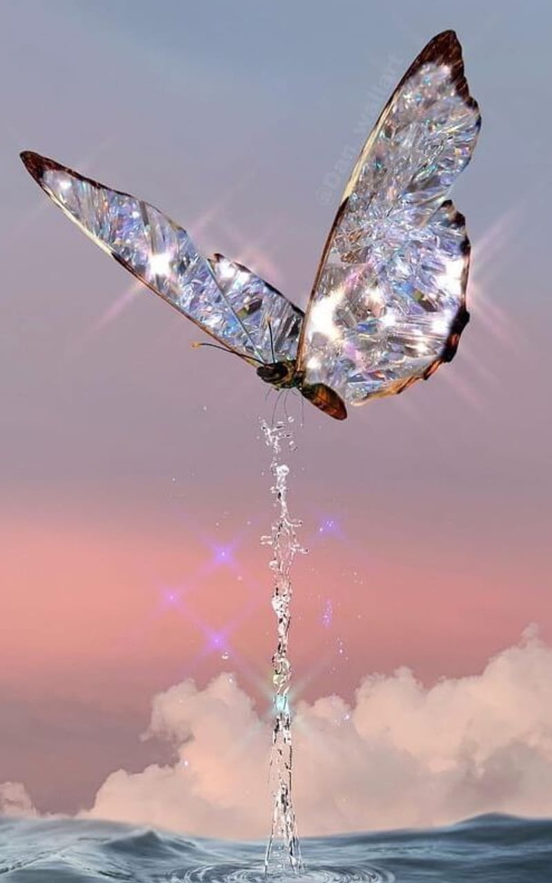 Diamond Butterfly, aesthetic, blue, pink, purple, sky, water, HD phone wallpaper