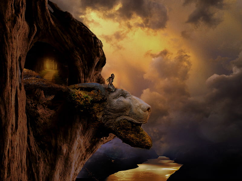 Fantasy Lion Head Artistic Top View Mountains, artist, dreamy, fantasy, HD wallpaper