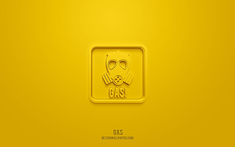 Gas 3d icon, yellow background, 3d symbols, Gas, Warning icons, 3d icons, Gas sign, Warning 3d icons, yellow warning signs, HD wallpaper