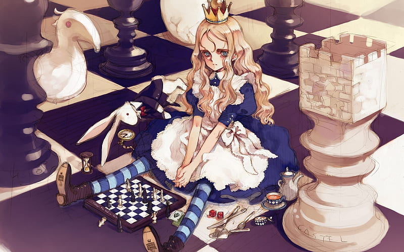 Chess Princess, girl, alice theme, black, crown, bunny, white, chess, HD wallpaper