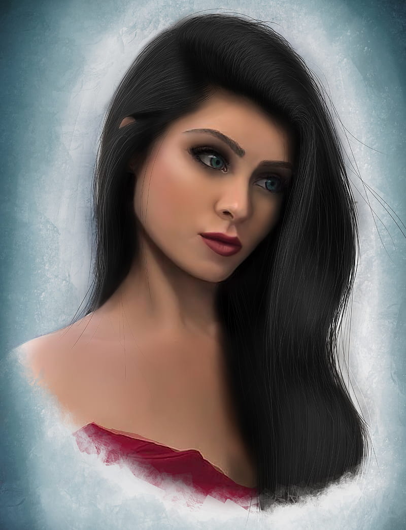 portrait, women, artwork, dark hair, face, red lipstick, long hair, HD phone wallpaper