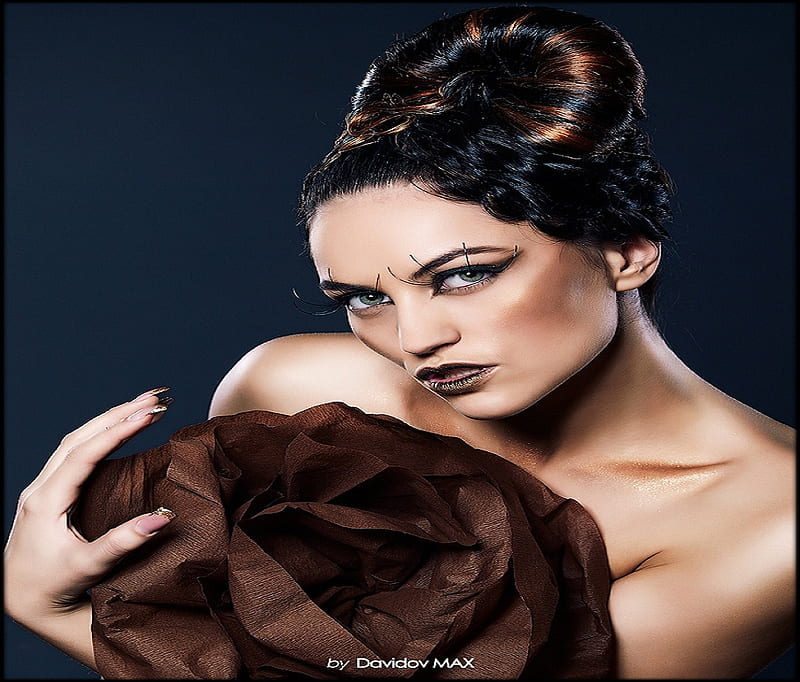 Fierce, gold, model, flower, woman, fingernails brown, HD wallpaper