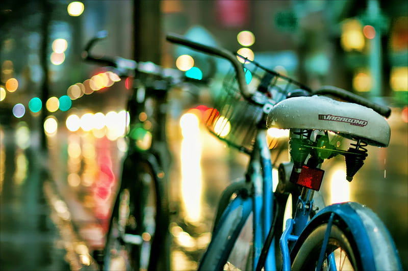 Bicycles and a city street, city, focus, bicycles, lights, HD wallpaper