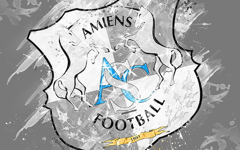Amiens SC paint art, creative, French football team, logo, Ligue 1, emblem, gray background, grunge style, Amiens, France, football, Amiens FC, HD wallpaper