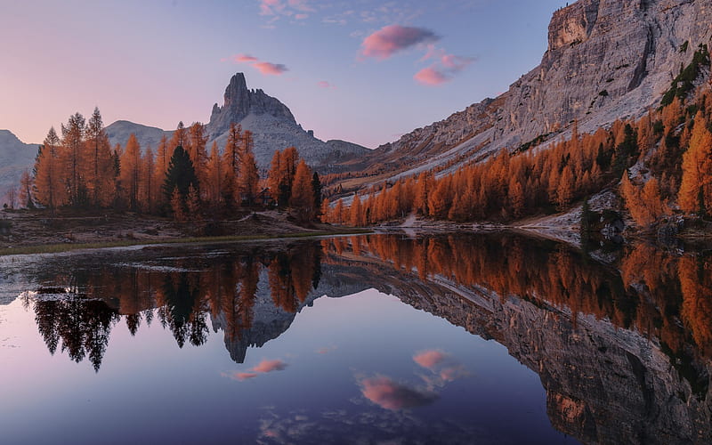 mountain landscape, mountain river, forest, sunset, Dolomites, Soul Mirror, HD wallpaper