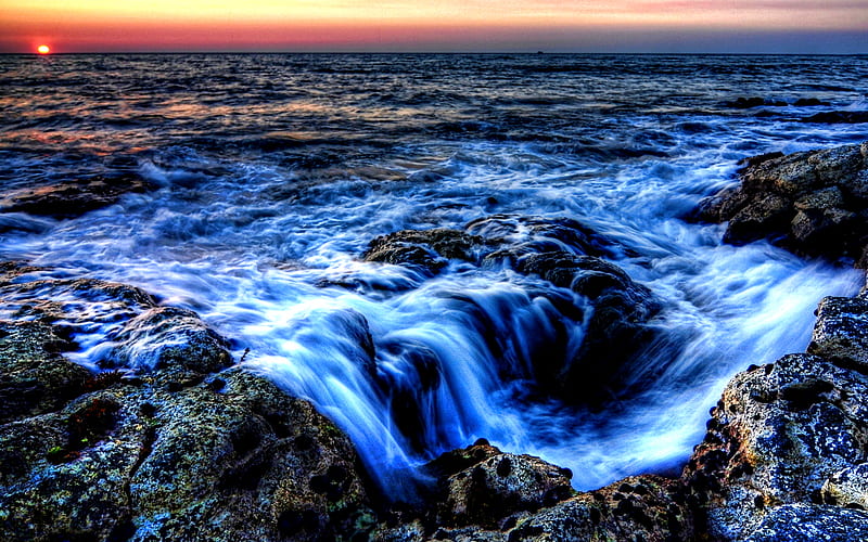 Ocean Waves, rocks, sun, bonito, sunset, clouds, sea, splendor, beauty ...