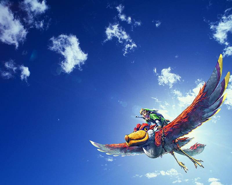 Legend Of Zelda:Link Riding a SkyLoft, bird, link, zelda, skyloft, sky, HD wallpaper