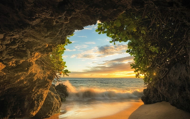 Island Cave, beach, sunset, shrubs, sea, HD wallpaper