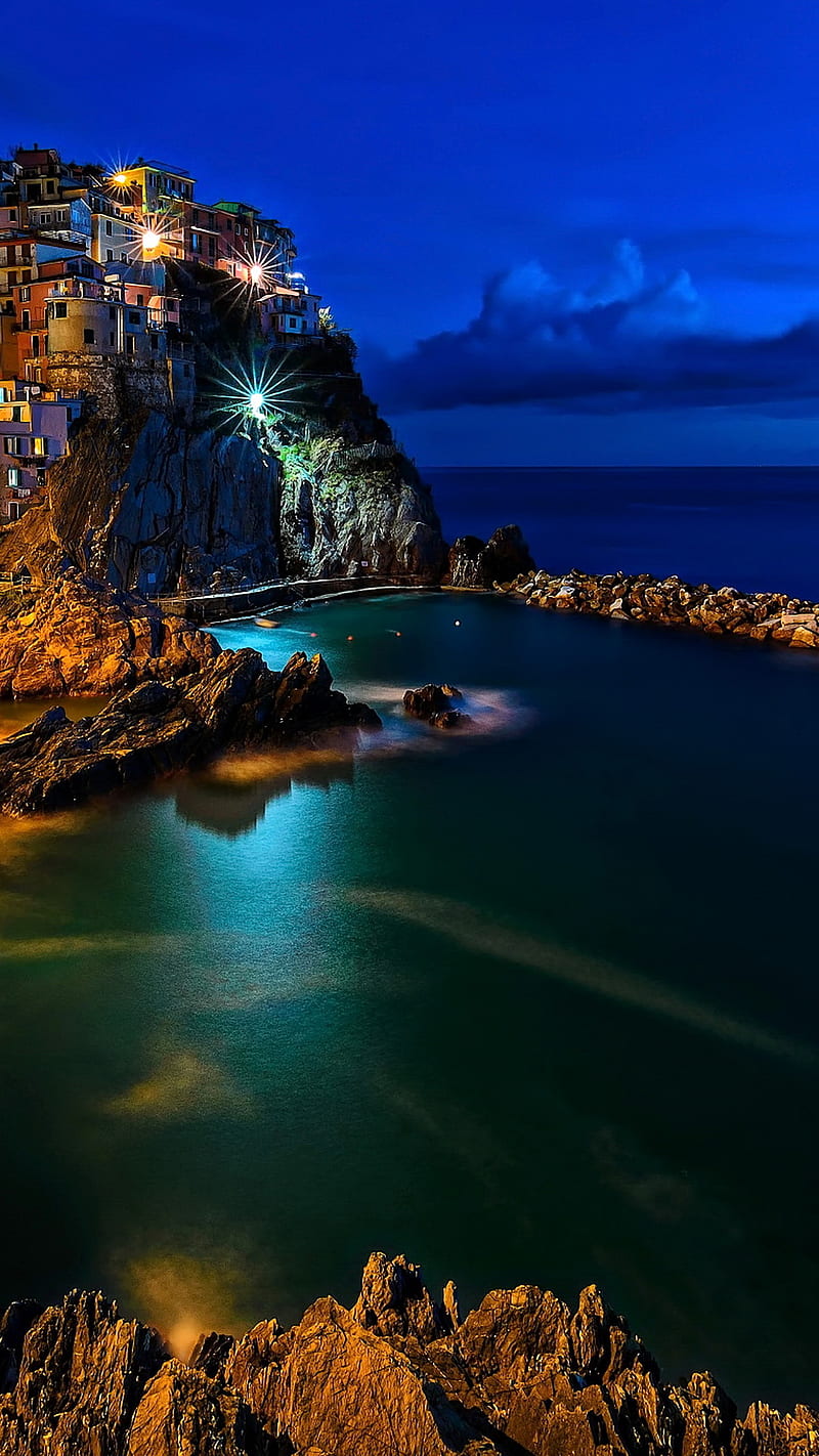 Night Seascape, city, italy, lights, night, rocks, sea, seascape, HD phone wallpaper