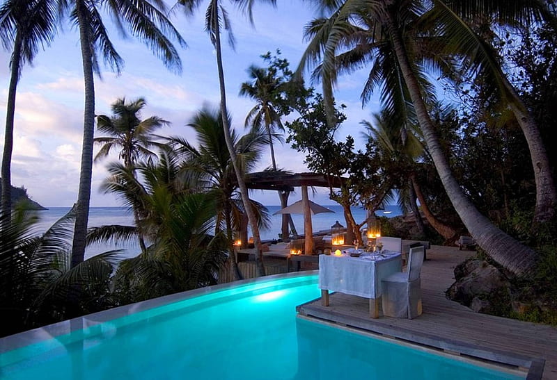 Dream lit Pool at Night, polynesia, islands, exotic, lit, dusk, sunset, pool, lights, paradise, evening, island, dream, tropical, night, HD wallpaper