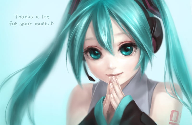 Thanks a lot for your music, pretty, nice, anime, beauty, vocaloids, realistic, twintail, black, miku, mic, happy, cute, headset, hatsune, cool, awesome, white, idol, hatsune miku, notes, headphones, bonito, song notes, blue eyes, blue, vocaloid, female, music, smile, microphone, song, girl, blue hair, HD wallpaper