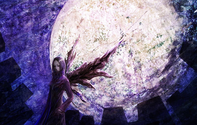 Irimi Kaya, art, moon, luminos, angel, manga, tokyo kushu, fantasy, girl, purple, full moon, anime, pixiv, white, pink, blue, HD wallpaper
