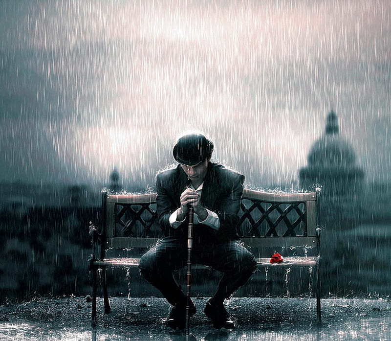 I miss you.., alone, manipulation, bench, man, rain, digital art, HD wallpaper