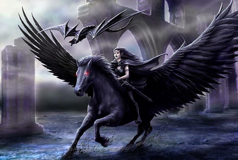 Fly!, wings, anne stokes, luminos, black, horse, dragon, fantasy, pegasus, girl, dark, HD wallpaper