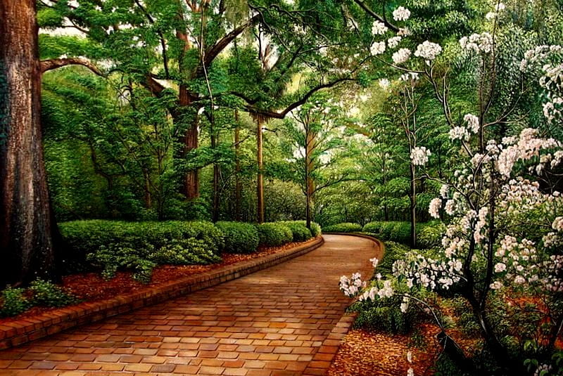 Peaceful, walkway, woods, flowers, gardens, brick path, HD wallpaper