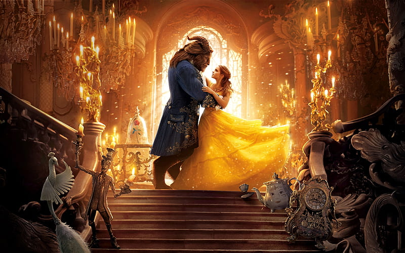Beauty and the Beast 2017, poster, dress, movie, yellow, Emma Watson, fantasy, beast, dance, couple, disney, beauty and the, HD wallpaper