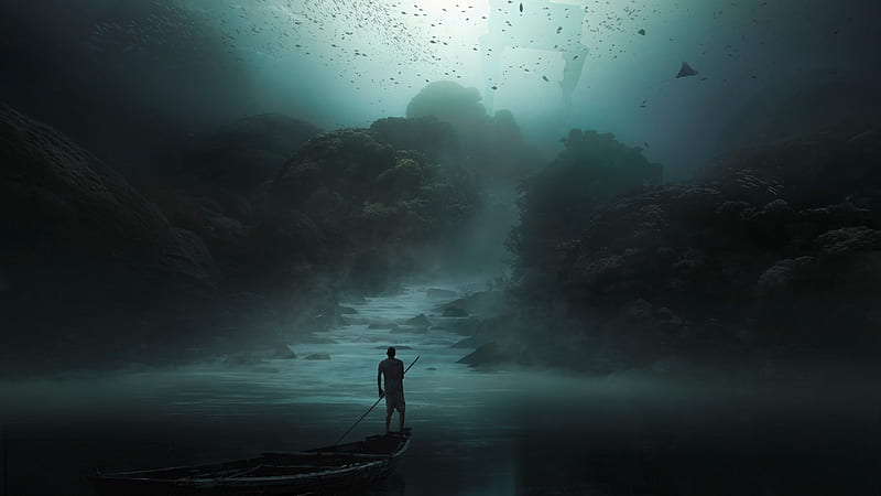 Underwater, luminos, fish, ocean, man, silhouette, sea, fantasy, boat, summeer, HD wallpaper