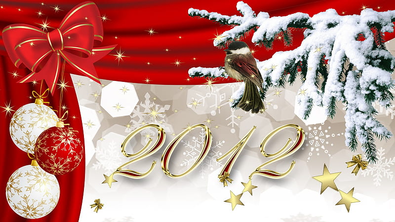 A New Year to Celebrate, gold stars, christmas, new years, ribbon, 2012, firefox persona, curtain, new year, sparkles, balls, snow, celebrate, HD wallpaper
