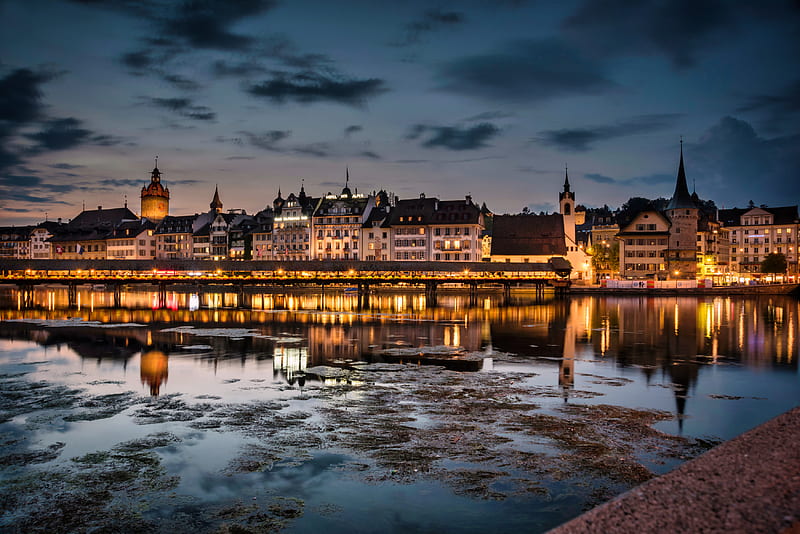 Towns, Lucerne, Water , Night, HD wallpaper