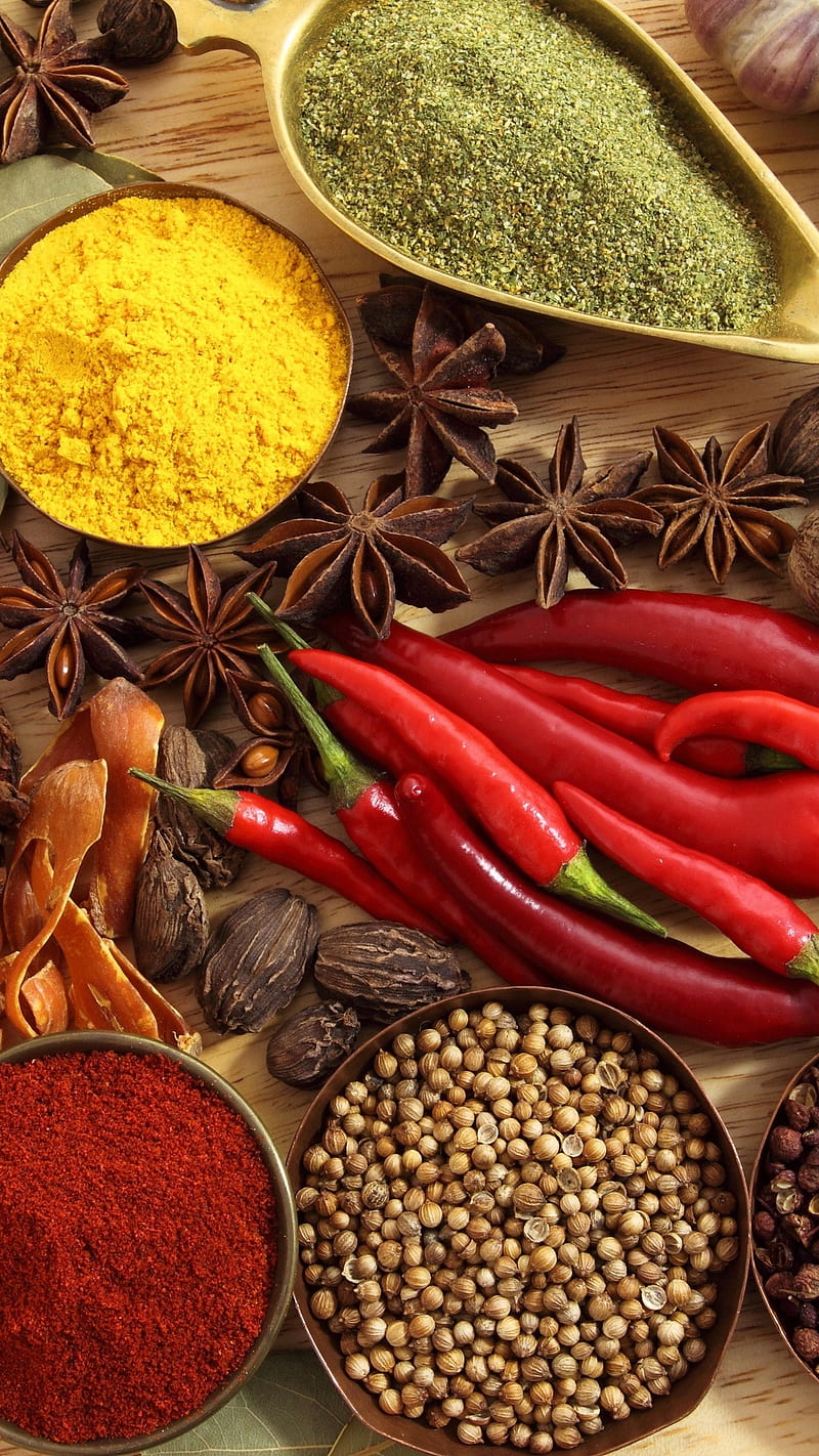 Kitchen spices, food, kiychen, red, spices, table, vegetables, HD phone wallpaper