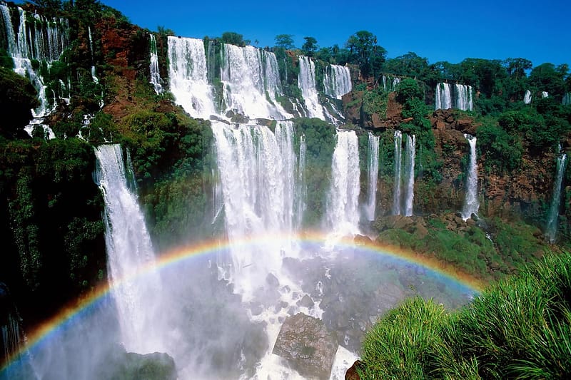 Nature, Water, Waterfalls, Rainbow, Waterfall, Vegetation, , Iguazu Falls, HD wallpaper