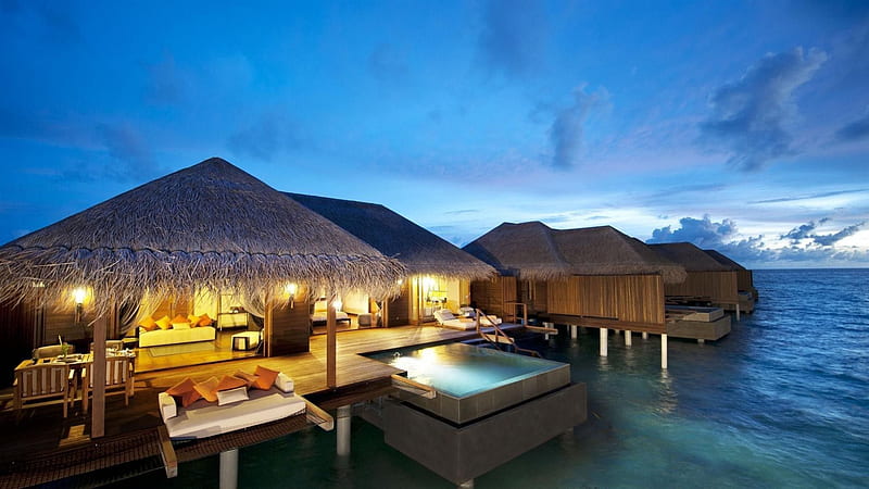 Beach Resort at Maldives, hotel, cottages, summer, chairs, evening, bed, sea, HD wallpaper