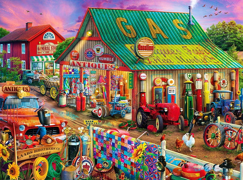 Antique Market, people, carros, house, painting, flowers, tractors, vintage, HD wallpaper