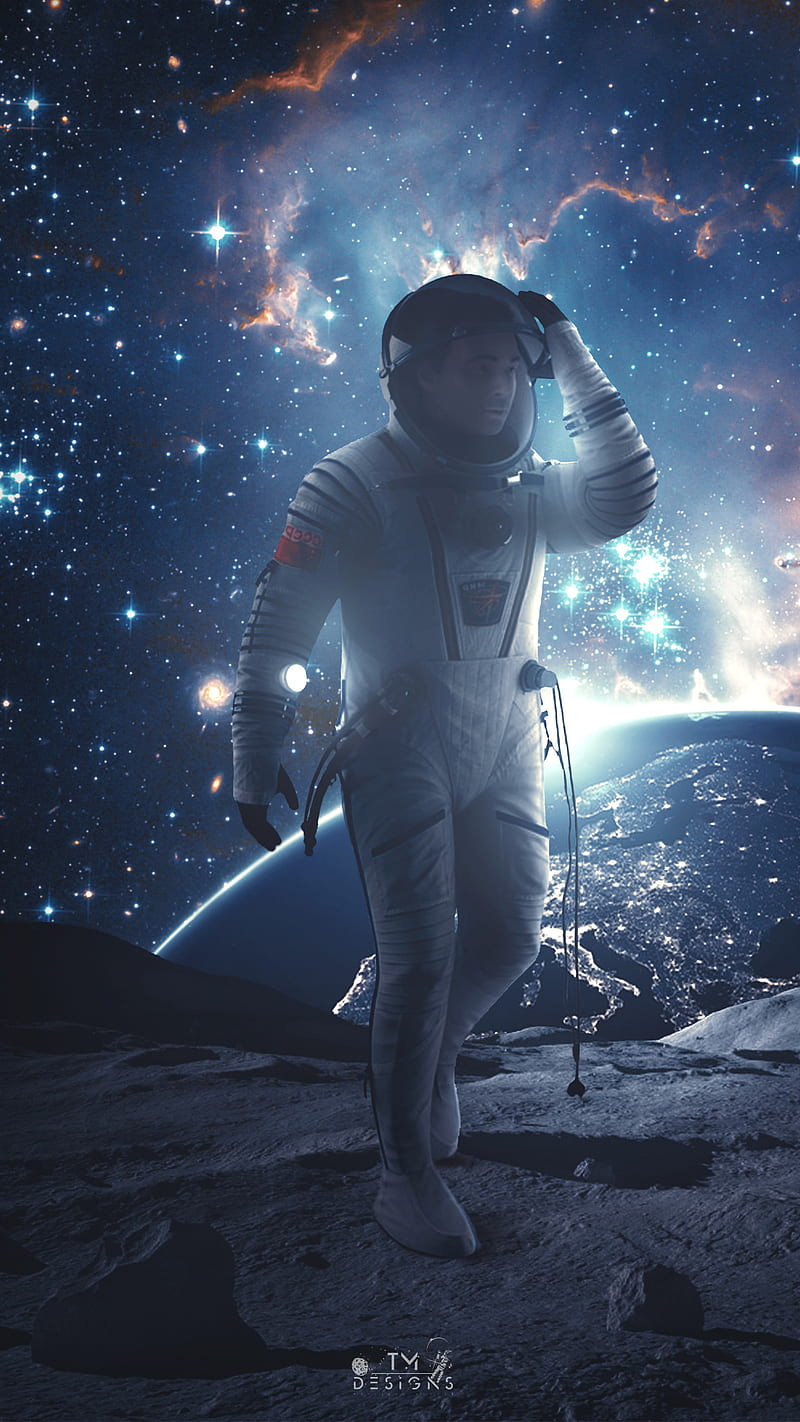 Moon walk, astronaut, fiction, marischabecker, science, scifi, space, spaceman, tmdesigns, HD phone wallpaper