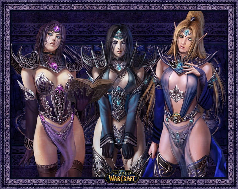World of Warcraft, games, green eyes, video games, thigh highs, long hair, blue eyes, purple background, female, elf, grey eyes, warcraft, armor, stockings, trio, females, armour, HD wallpaper