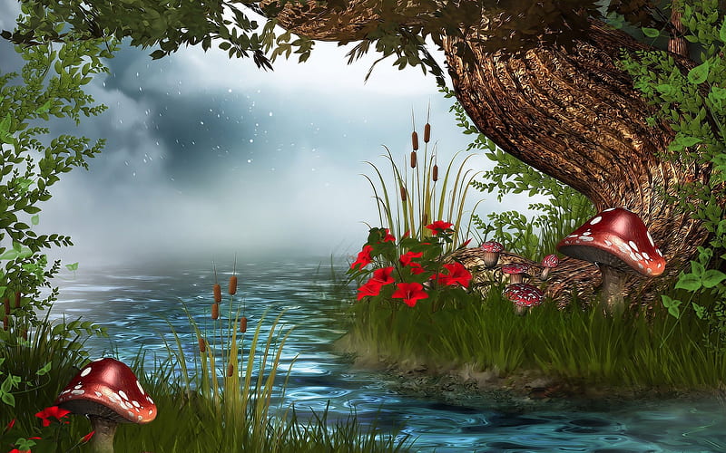 Fantasy River, tree, fantasy, water, folwers, mushroom, river, toadstool, HD wallpaper