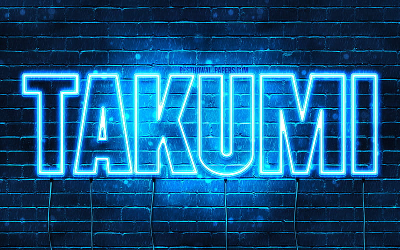 Takumi with names, horizontal text, Takumi name, Happy Birtay Takumi, popular japanese male names, blue neon lights, with Takumi name, HD wallpaper