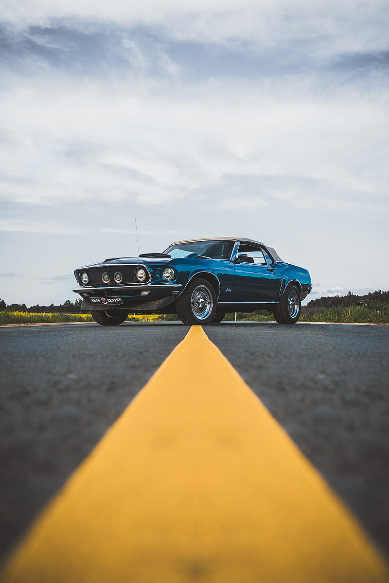 ford mustang, car, blue, side view, road, asphalt, HD phone wallpaper