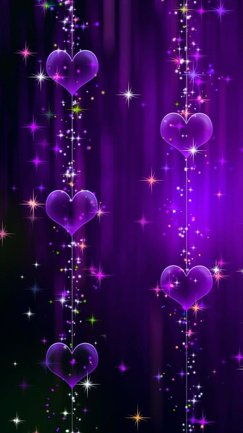 Purple hearts, hanging hearts, corazones, love, purple, shine, sparkles, HD phone wallpaper