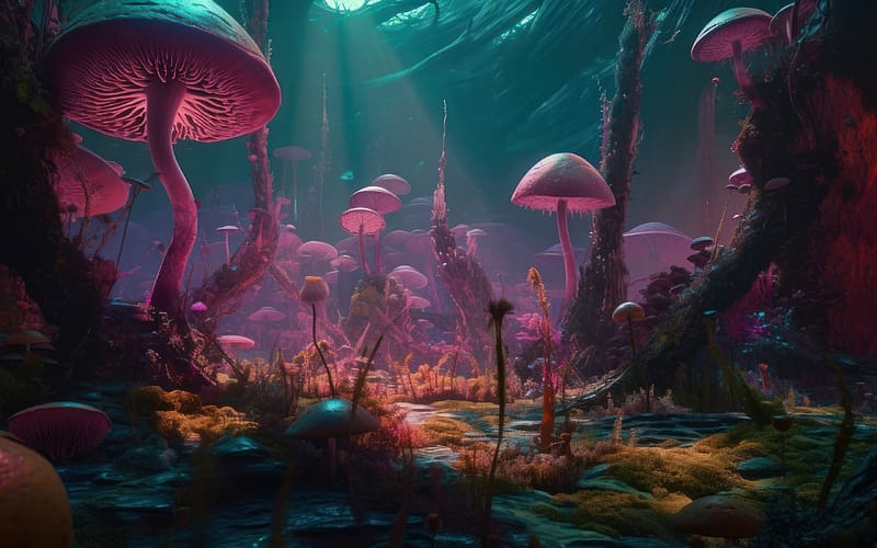 Underwater world, water, blue, pink, fantasy, world, underwater, mushroom, HD wallpaper