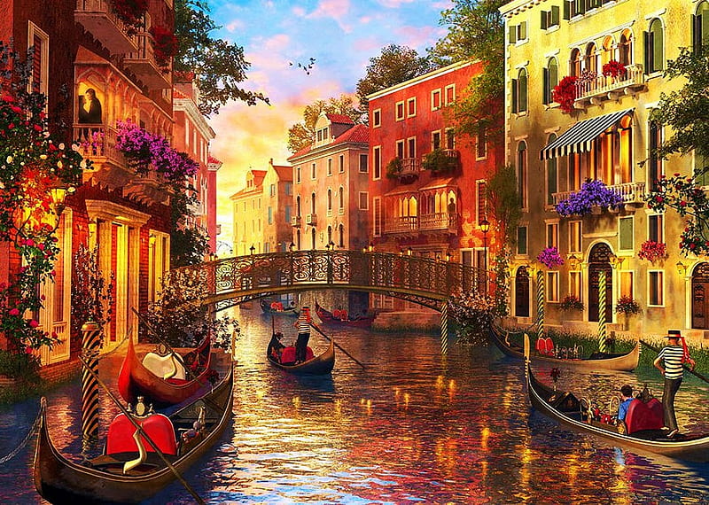 Sunset in Venice, boat, canal, houses, painting, sky, artwork, HD wallpaper