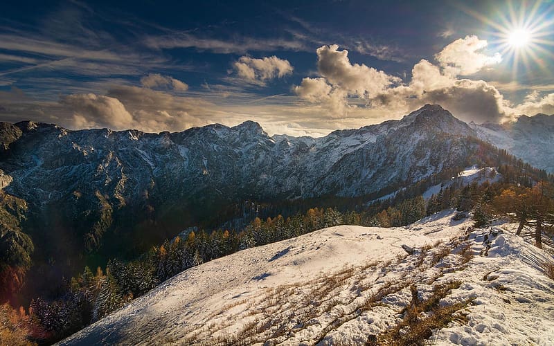 View from the Strelovec peak in the Slovenian Kamnik Savinja Alps, clouds, trees, sky, rocks, snow, HD wallpaper