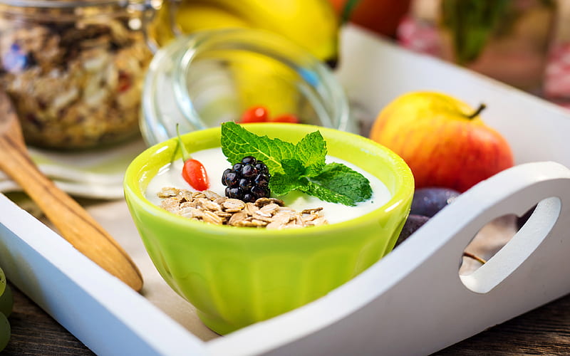 healthy breakfast muesli, fruit, breakfast, yogurt, HD wallpaper
