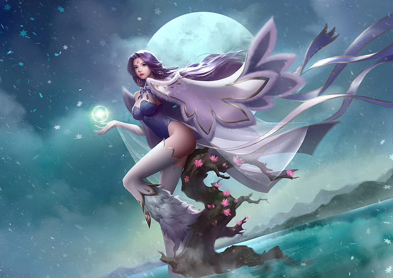 Moon goddess, goddess, gorgeous, da wei zhao, night, frumusete, moon, luminos, superb, moon, fantasy, girl, HD wallpaper
