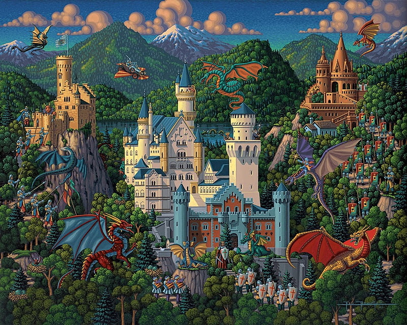 Dragons, art, castle, pictura, painting, dragon, eric dowdle, HD wallpaper