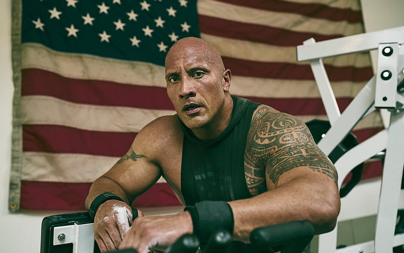 Dwayne Johnson, american wrestler, portrait, american flag, hoot, american actor, USA flag, bodybuilding, HD wallpaper
