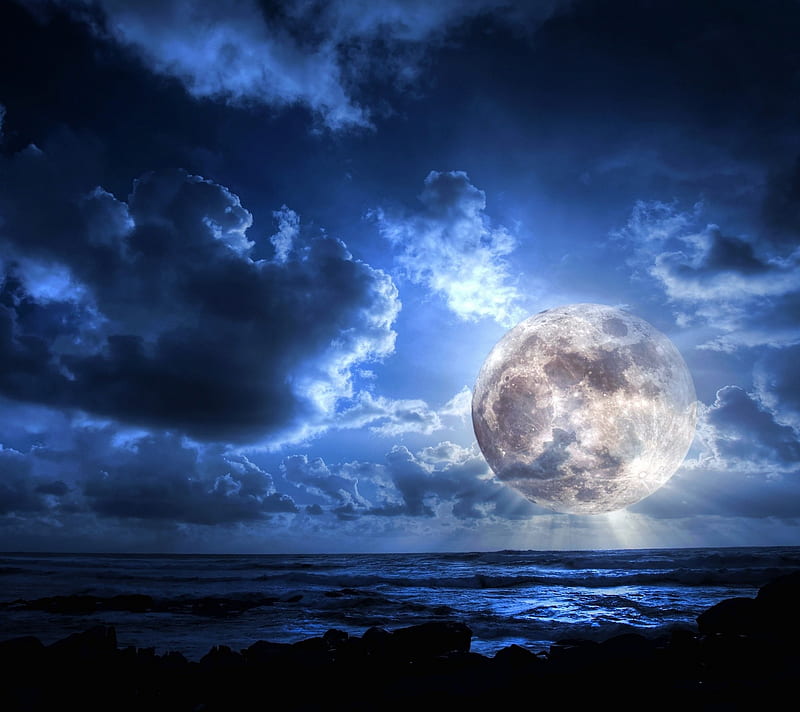 night, abstract, clouds, landscape, moon, nature, sea, HD wallpaper