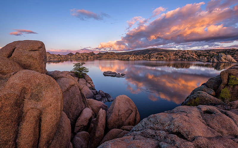 Granite Dells, lake, evening, sunset, stones, boulders of granite, Prescott, Arizona, USA, HD wallpaper