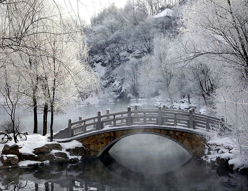 Diamond Bridge, Nature, Water, Trees, Bridge, River, Snow, Ice, HD wallpaper