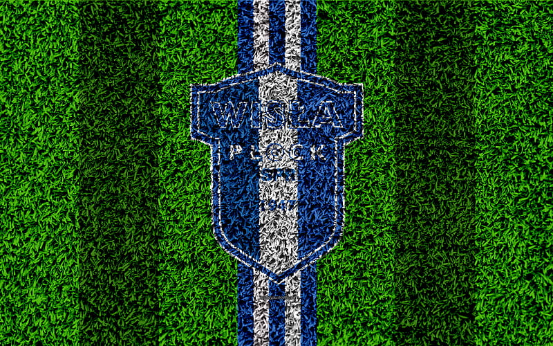 Wisla Plock FC logo, football lawn, Polish football club, green grass texture, blue white lines, Ekstraklasa, Plock, Poland, football, art, HD wallpaper