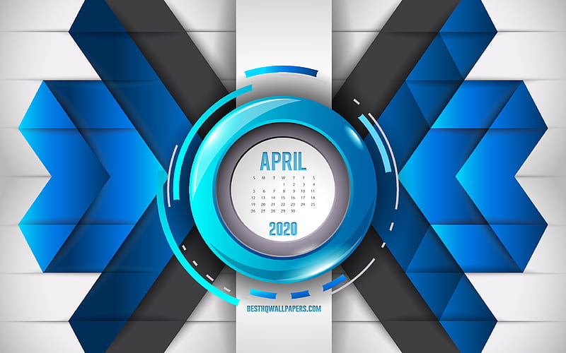 2020 April calendar, blue abstract background, 2020 spring calendars, April, blue mosaic background, April 2020 Calendar, creative blue background, HD wallpaper