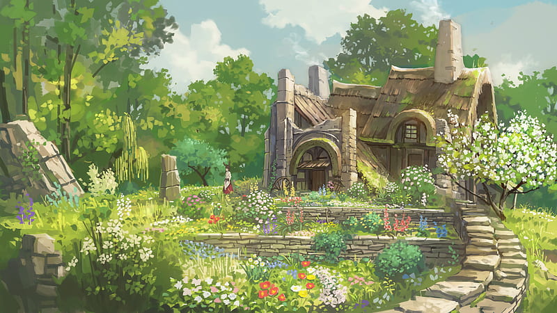 Anime, Landscape, Flower, Hut, HD wallpaper