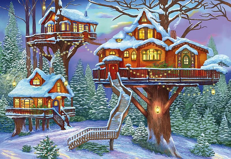 Winter Treehouse, trees, houses, lights, snow, painting, HD wallpaper