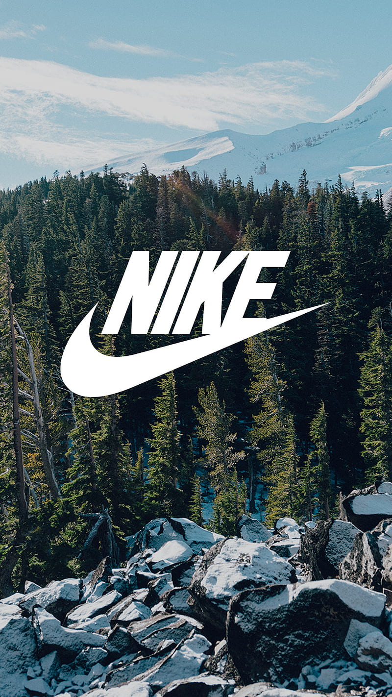 Nike Forest, cold, logo, mountain, nature, snow, sport, stone, winter, wood, HD phone wallpaper