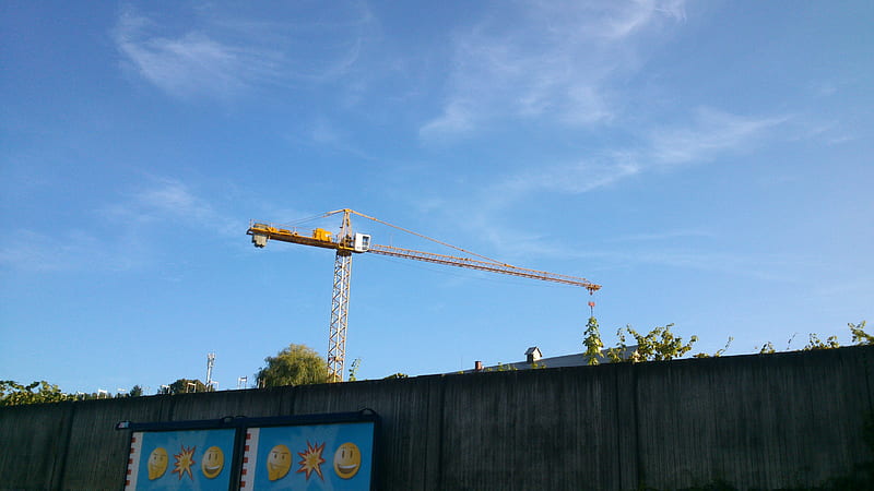 Construction, Snapshot, Yellow, Sky, Smily, Blue Sky, Wall, Constructing, Construction Crane, graph, Construction Vehicle, Crane, graphy, Blue, HD wallpaper