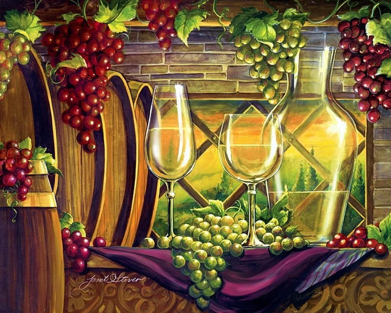 Vinyard Still Life, glass, grapes, wine, bottle, barrel, HD wallpaper